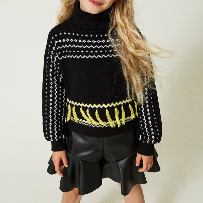 Jacquard turtleneck jumper with fringes